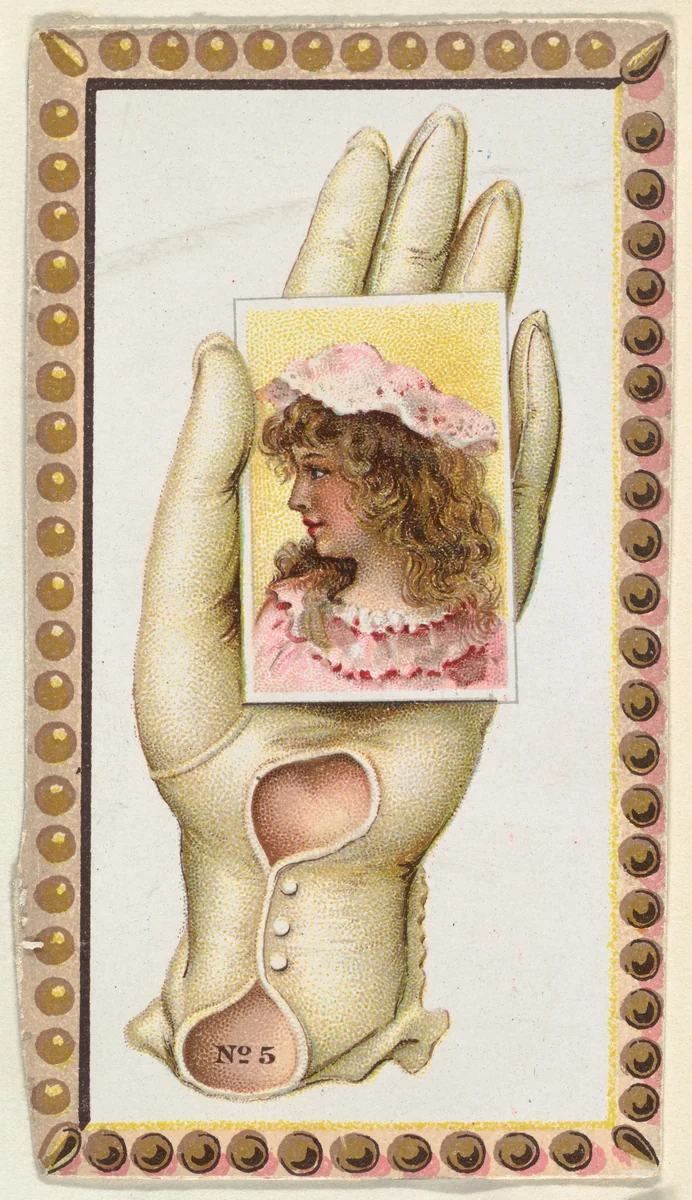 Card Number 5, cut-out from banner advertising the Opera Gloves series (G29) for Allen & Ginter Cigarettes by Allen & Ginter, print, 1885-1895
