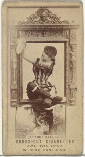 Card Number 355, Nora Sayles, from the Actors and Actresses series (N145-3) issued by Duke Sons & Co. to promote Cross Cut Cigarettes by W. Duke, Sons & Co., photograph, 1880-1889