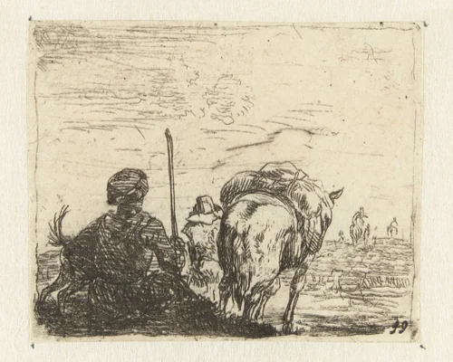 Italianiserend landschap met man, hond, herder en paard by Karel du Jardin, print, 1652-1659