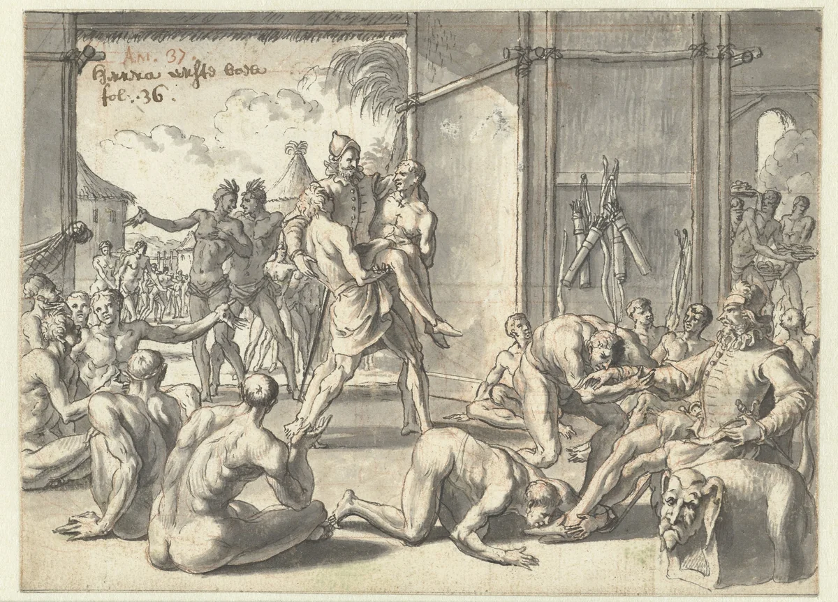 Christoffel Columbus wordt ontvangen door oorspronkelijke Amerikanen by Jan Goeree, drawing, 1704-1727