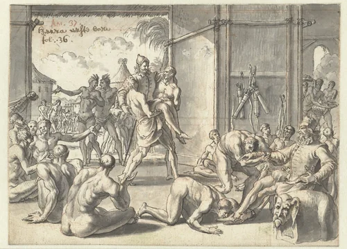 Christoffel Columbus wordt ontvangen door oorspronkelijke Amerikanen by Jan Goeree, drawing, 1704-1727