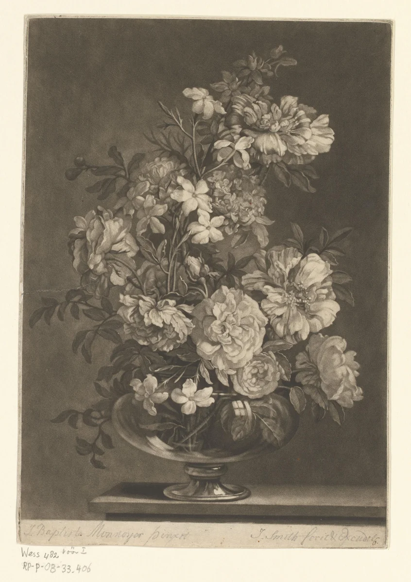 Bloemstilleven in een vaas by John Smith, print, 1662-1742