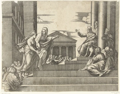 Marta leidt Maria Magdalena naar Christus by anonymous, print, 1520-1575