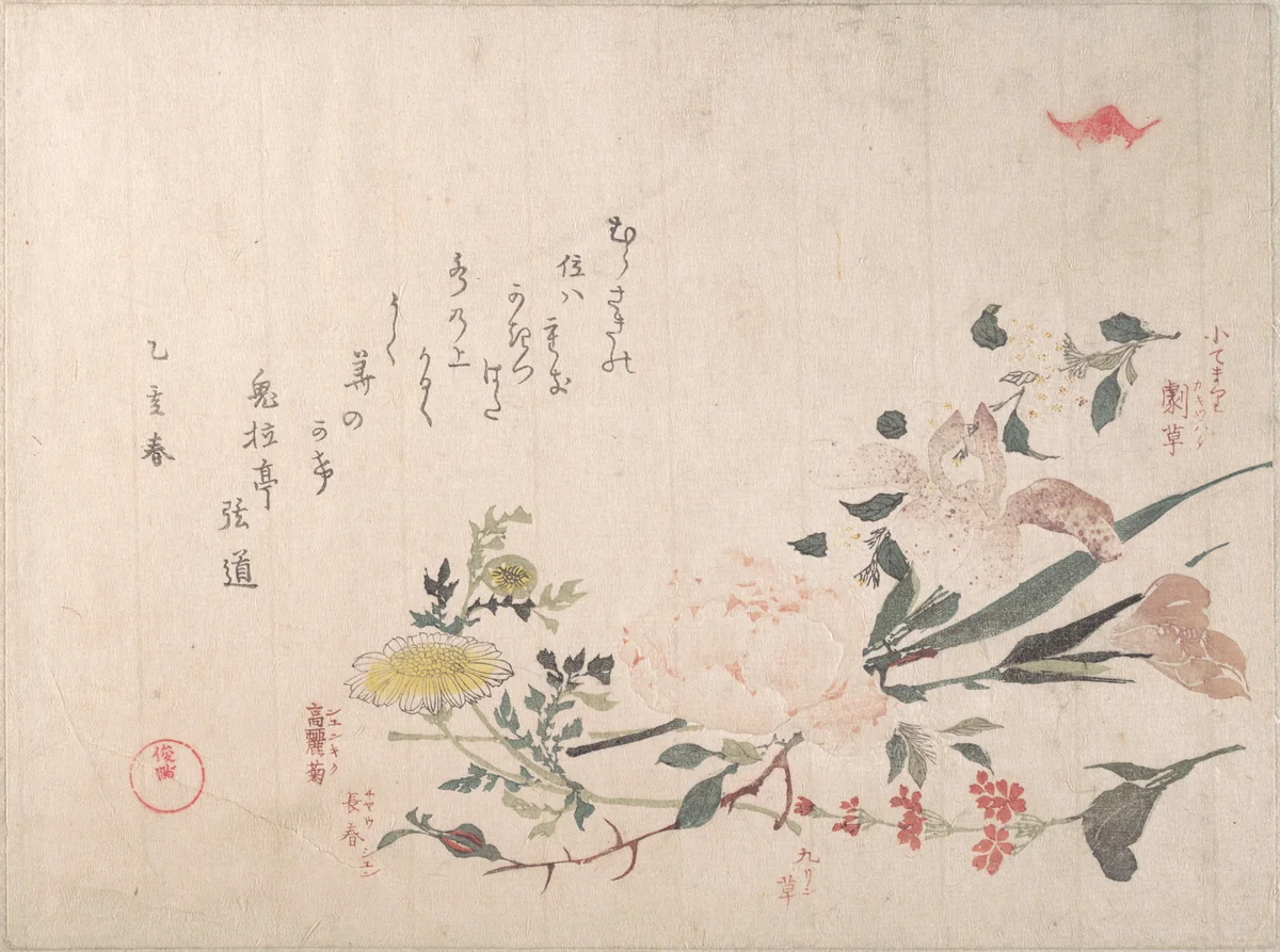Rose, Iris, Primrose and Daisy by Kubo Shunman (窪俊満), print, 1815