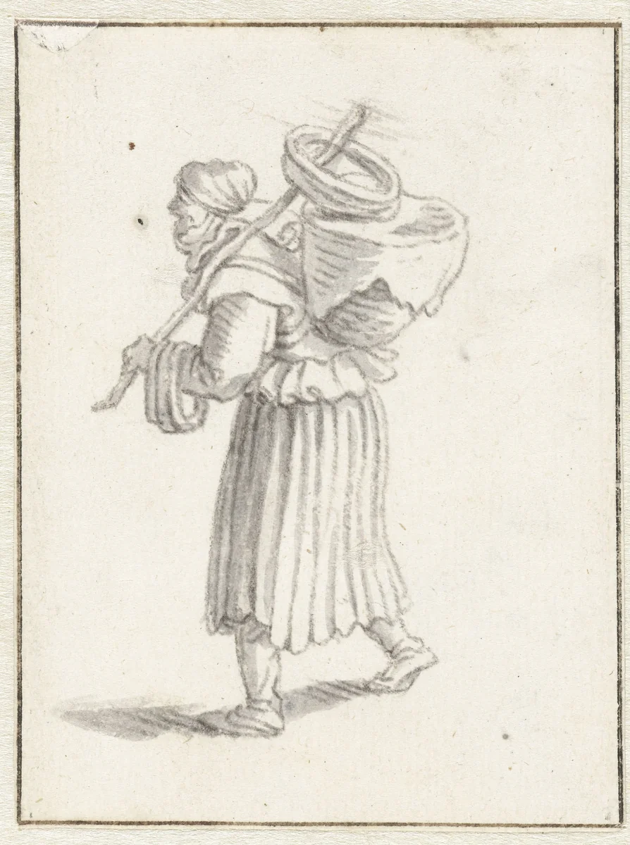 Vrouw met een mand op haar rug by Herman Saftleven, drawing, 1619-1685