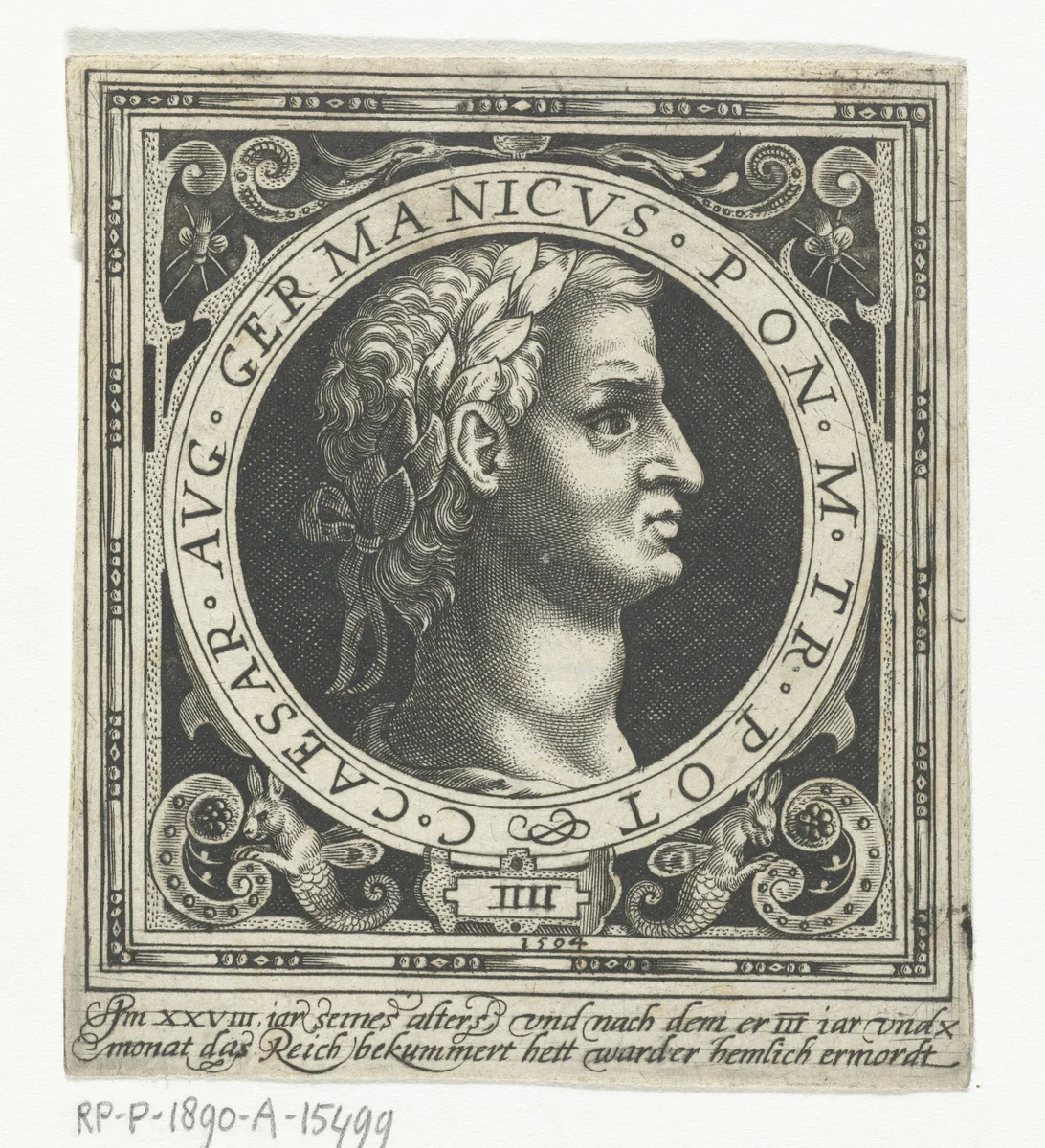 Portret van Germanicus op medaillon by Nicolaes de Bruyn, print, 1594