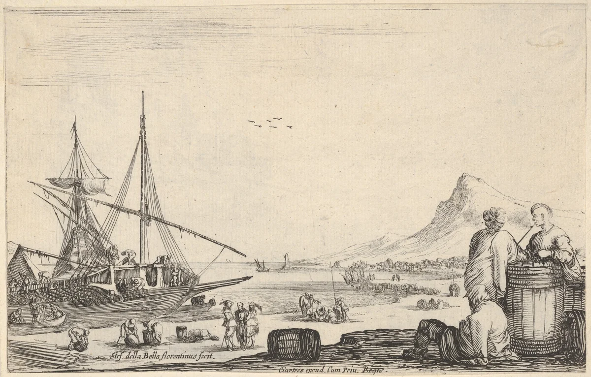 A ship disembarking to left, two galley slaves stand and one sits next to a barrel to right, various other figures on the shore, a mountain to right in the background, from "Varie Figure" by Stefano della Bella, print, 1640-1650