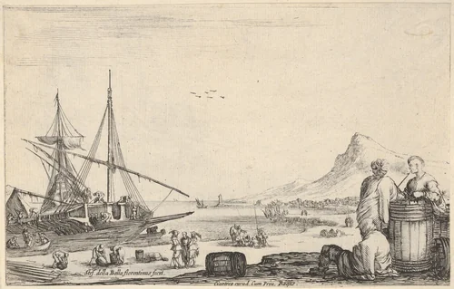 A ship disembarking to left, two galley slaves stand and one sits next to a barrel to right, various other figures on the shore, a mountain to right in the background, from "Varie Figure" by Stefano della Bella, print, 1640-1650