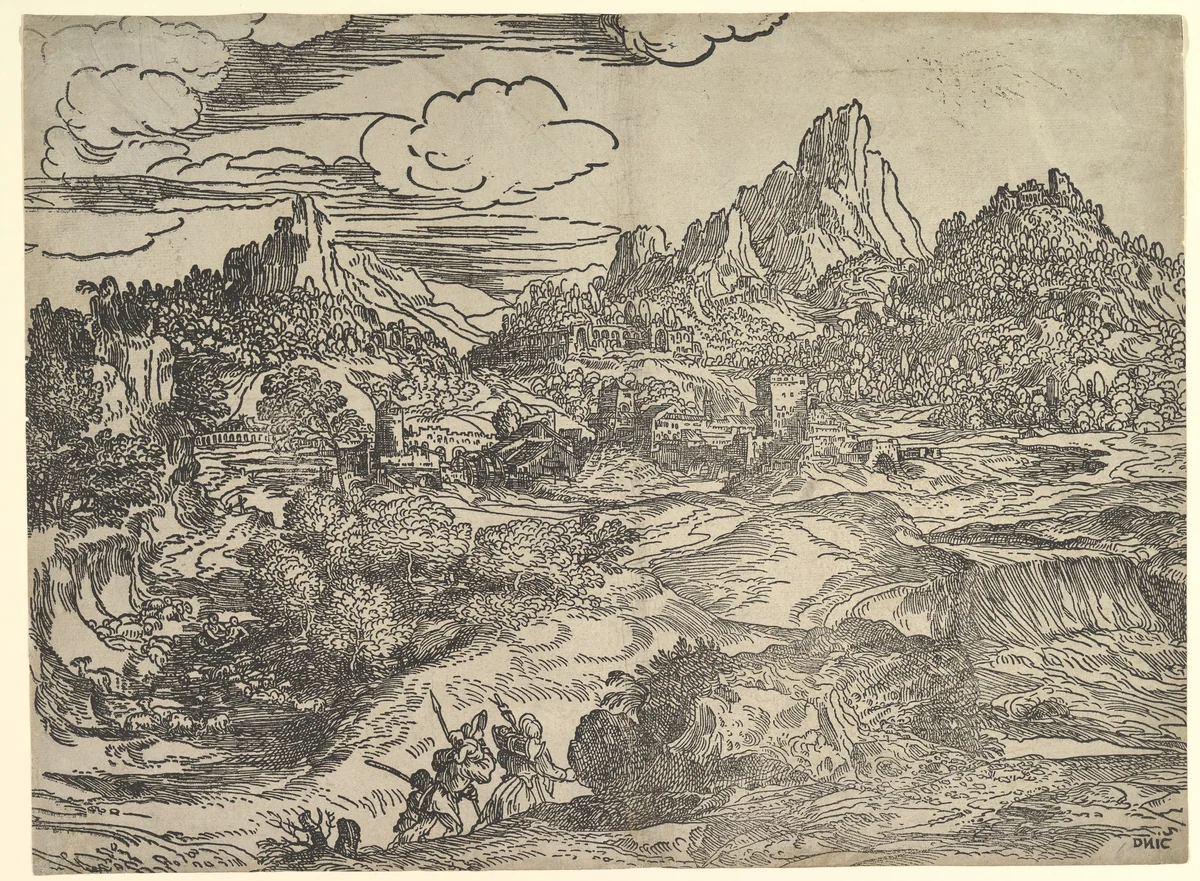Landscape with family walking together in the foreground, at left two figures with herd of goats and sheep; a mill (?) and other buildings in the background by Domenico Campagnola, print, 1530-1545