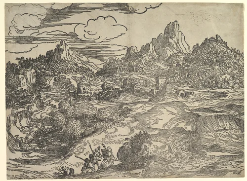 Landscape with family walking together in the foreground, at left two figures with herd of goats and sheep; a mill (?) and other buildings in the background by Domenico Campagnola, print, 1530-1545