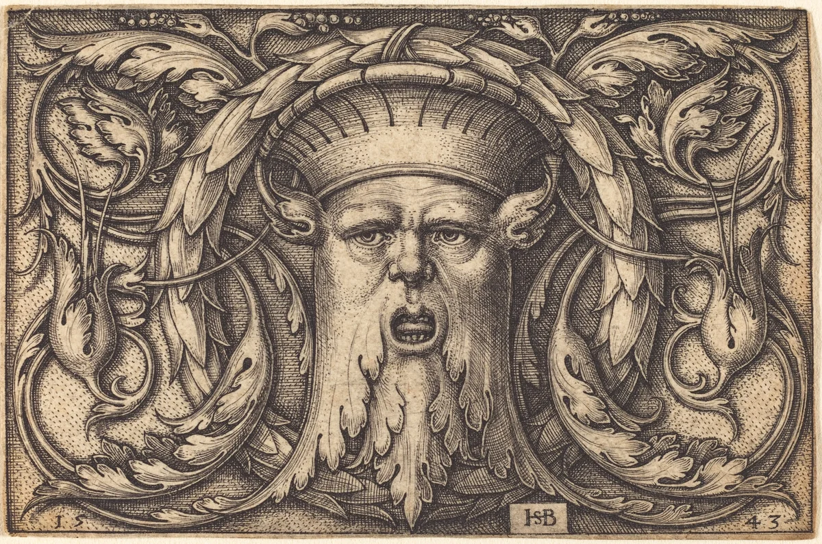 Ornament Panel with a Large Bearded Mask by Sebald Beham, print, 1543