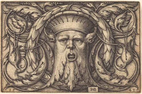 Ornament Panel with a Large Bearded Mask by Sebald Beham, print, 1543