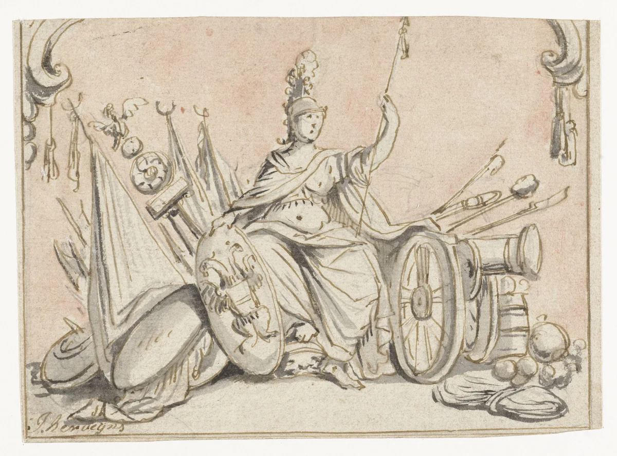 Minerva te midden van krijgsattributen by Jacob Herreyns, drawing, 1653-1732
