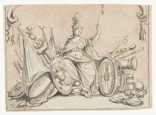 Minerva te midden van krijgsattributen by Jacob Herreyns, drawing, 1653-1732