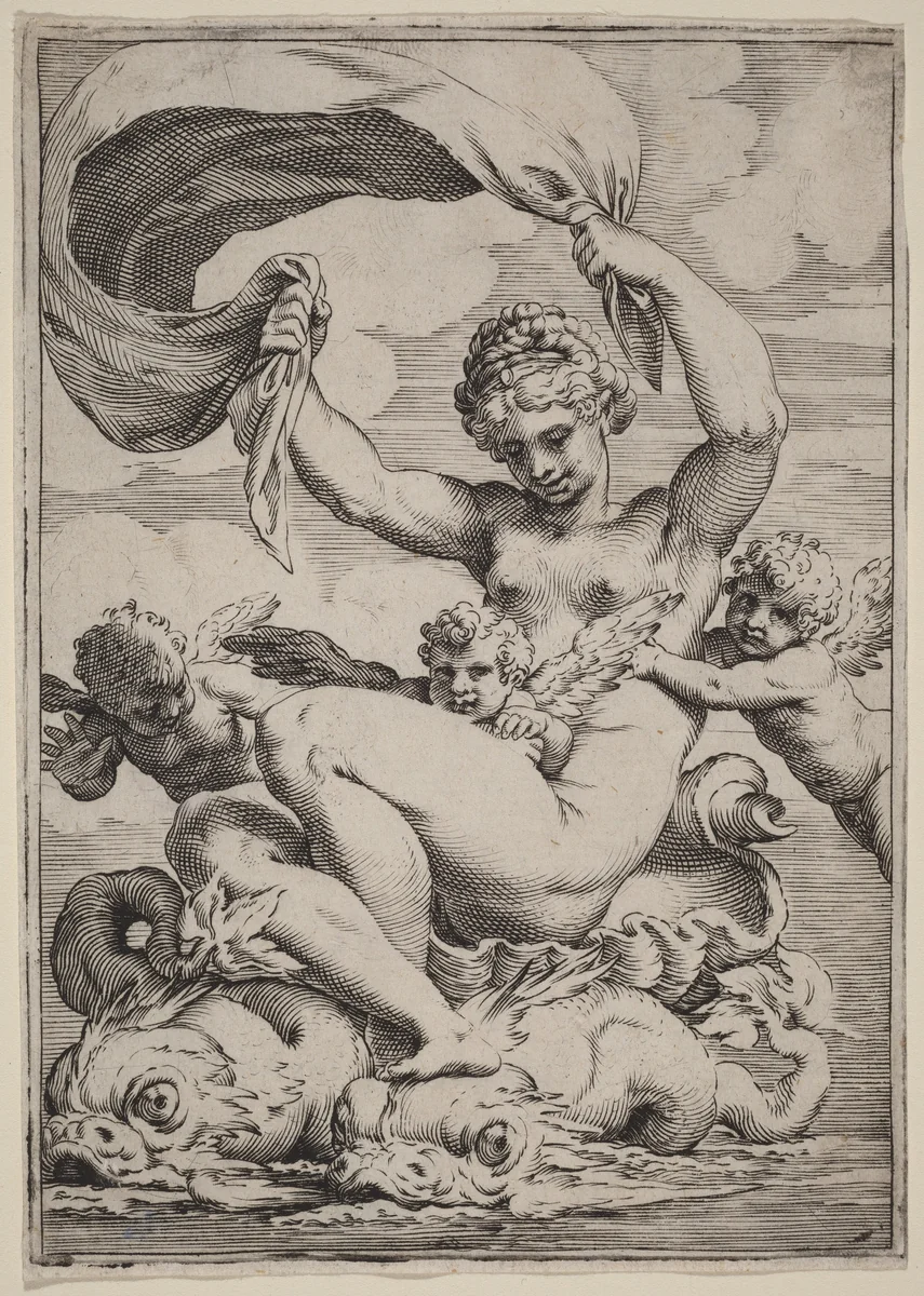 Venus or Galatea Supported by Dolphins by Agostino Carracci, print, 1590-1595