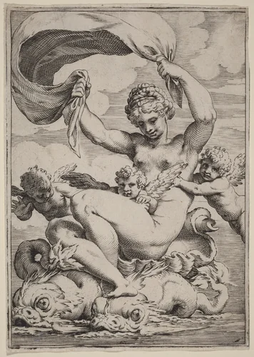 Venus or Galatea Supported by Dolphins by Agostino Carracci, print, 1590-1595