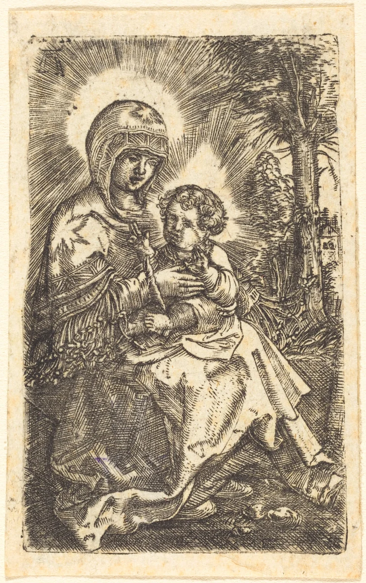 The Beautiful Virgin of Regensburg Seated in a Landscape by Albrecht Altdorfer, print, 1519-1520