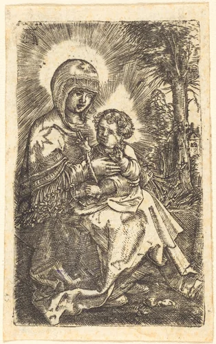 The Beautiful Virgin of Regensburg Seated in a Landscape by Albrecht Altdorfer, print, 1519-1520