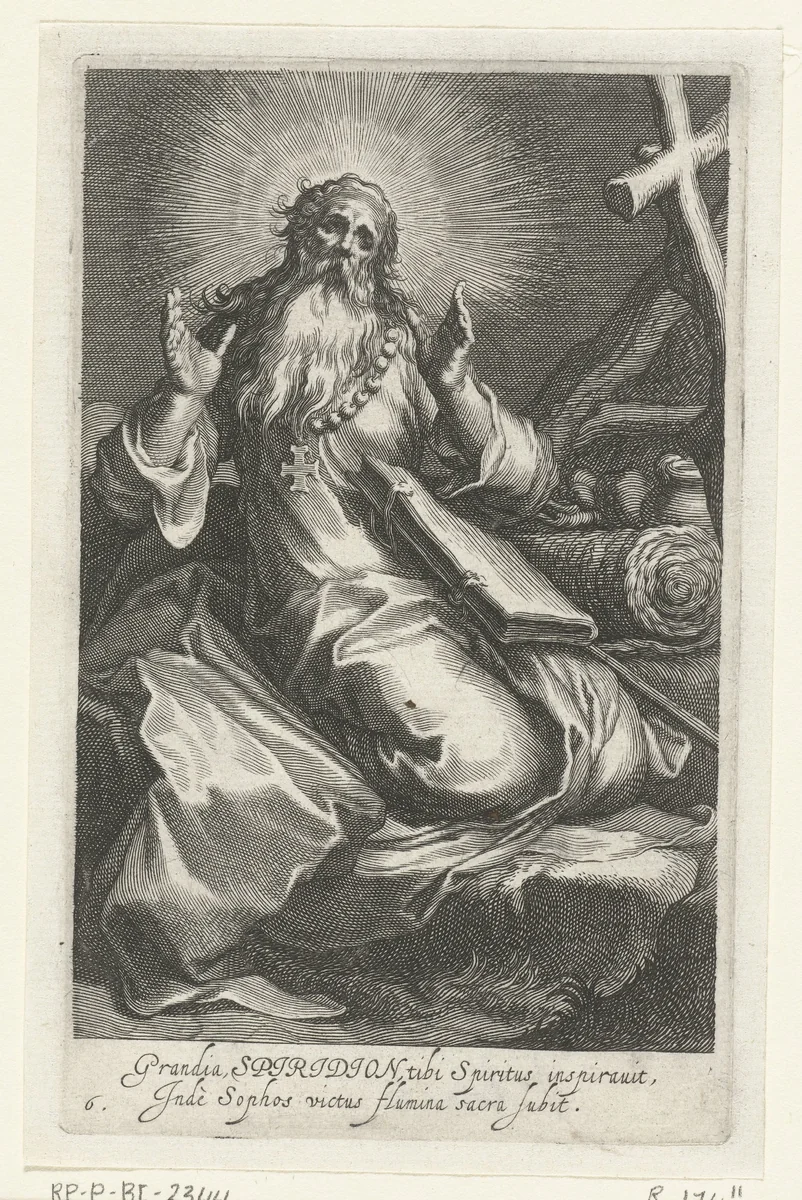 Heilige Spiridon van Cyprus als kluizenaar by Boëtius Adamsz. Bolswert, print, 1590-1612