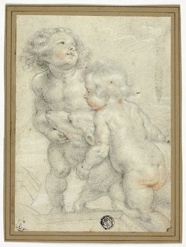 Two Putti with Lamb by Peter Paul Rubens, drawing, 1599-1700