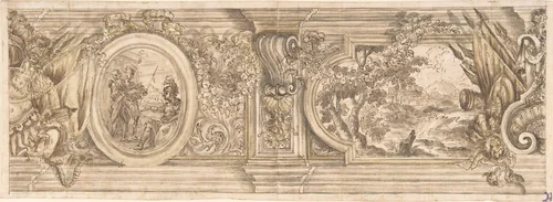 Architectural Design with a Decorated Frieze Containing a History Scene and Landscape by anonymous, drawing, 1600-1699