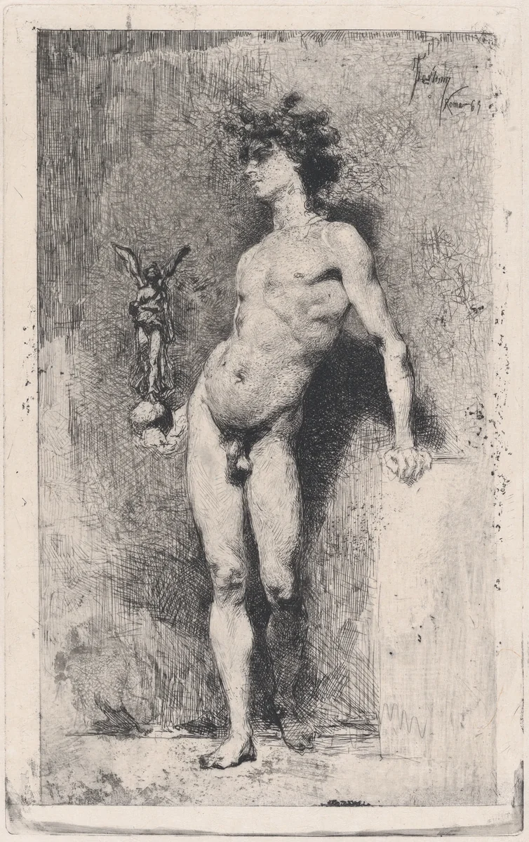 Victory: a naked youth standing facing left holding a statue of winged Victory in his right hand by Mariano Fortuny, print, 1869