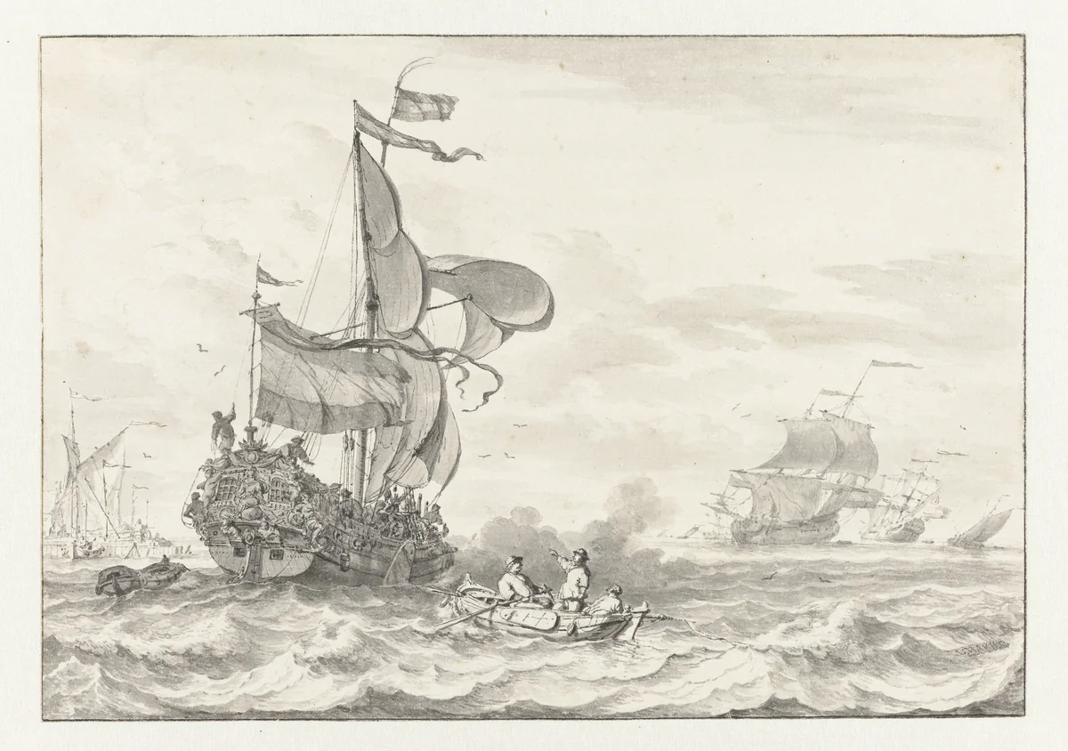 Admiraliteitsjacht op weg naar een voor anker liggende vloot by Ludolf Bakhuysen, drawing, 1641-1708
