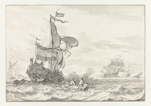 Admiraliteitsjacht op weg naar een voor anker liggende vloot by Ludolf Bakhuysen, drawing, 1641-1708