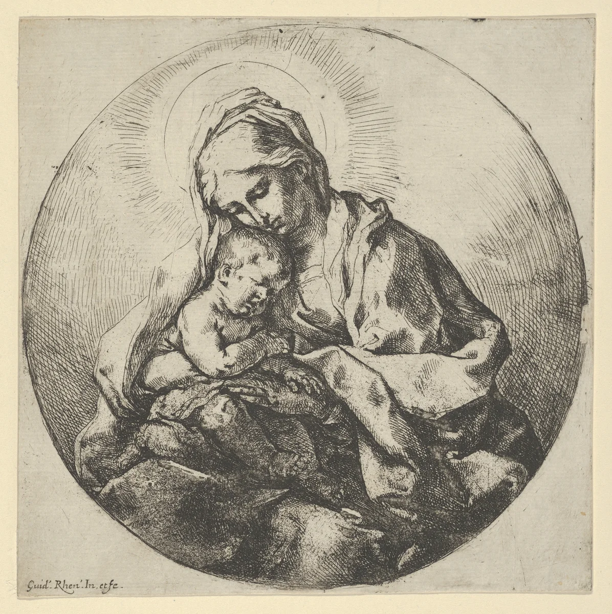 The Virgin holding the infant Christ with the fingers of her right hand hidden, a circular composition by Guido Reni, print, 1600-1640