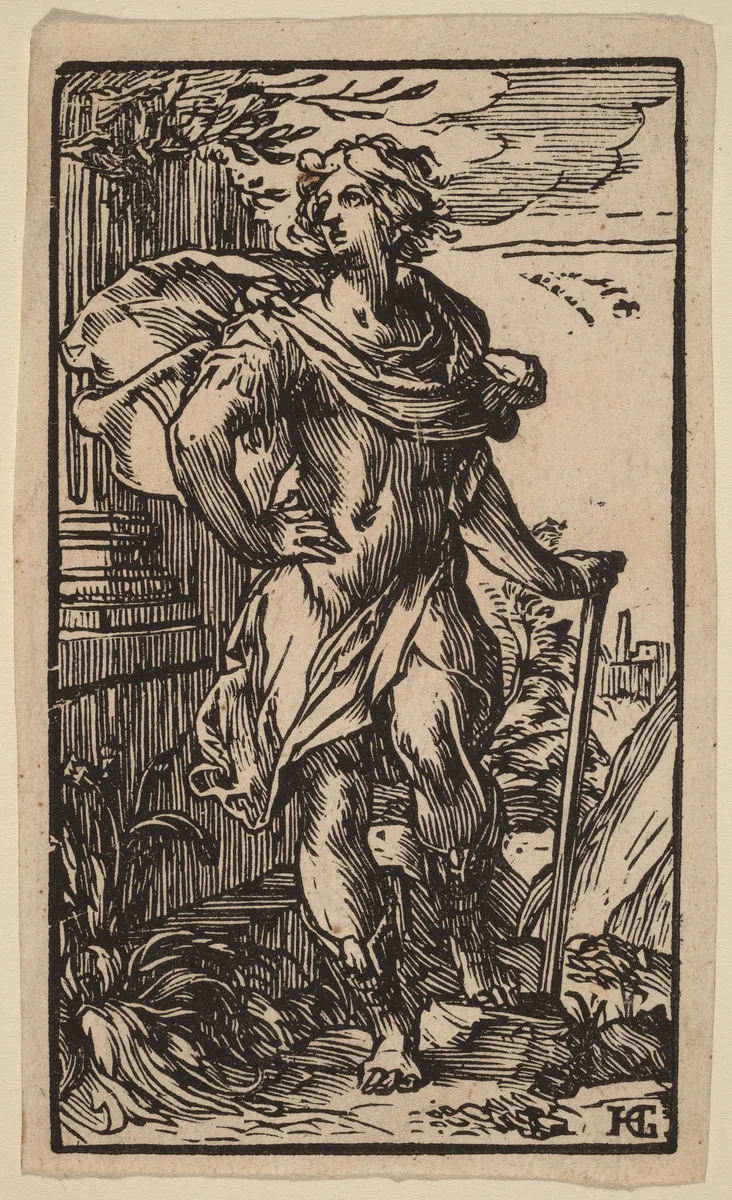 Standing Young Man with a Cane by Hendrick Goltzius, print, 1588