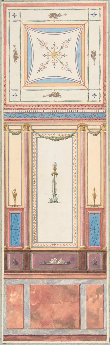 Design for Wall Paneling and Ceiling in Pompeiian Style, The Deepdene, Dorking, Surrey by Jules-Edmond-Charles Lachaise, drawing, 1875-1879