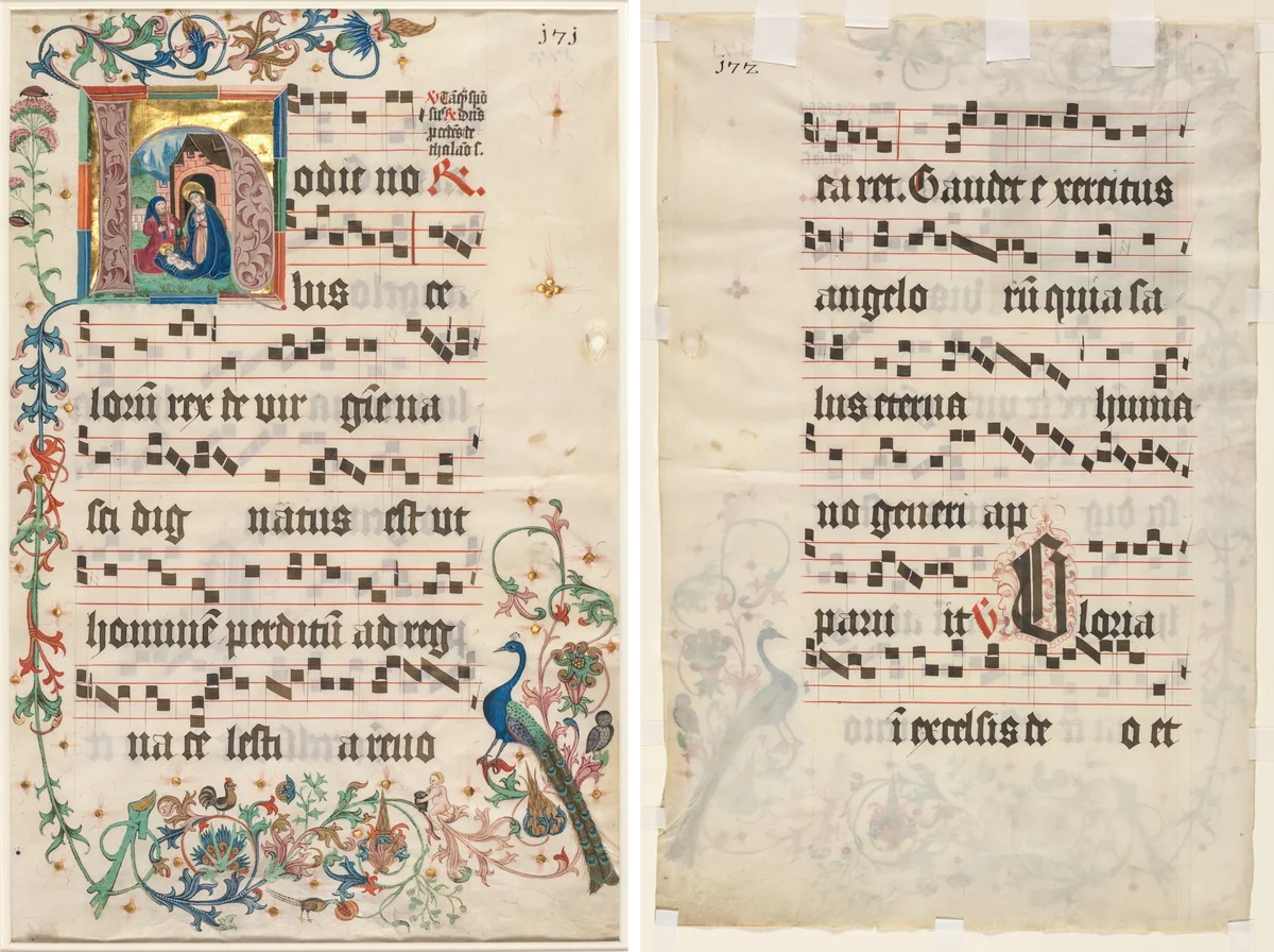 Leaf from an Antiphonary: Initial H with the Nativity (recto) and Text (verso) by Unknown, manuscript, 1475-1485