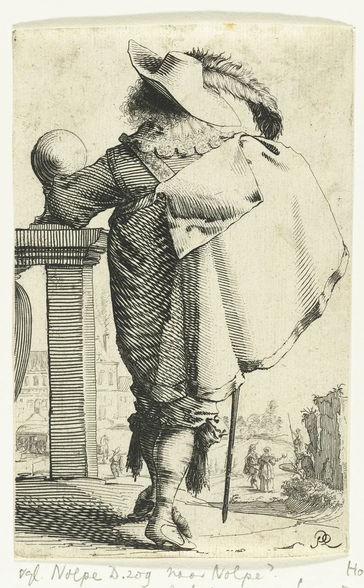 Staande cavalier met cape en gepluimde hoed, van achteren gezien by Salomon Savery, print, 1633-1665