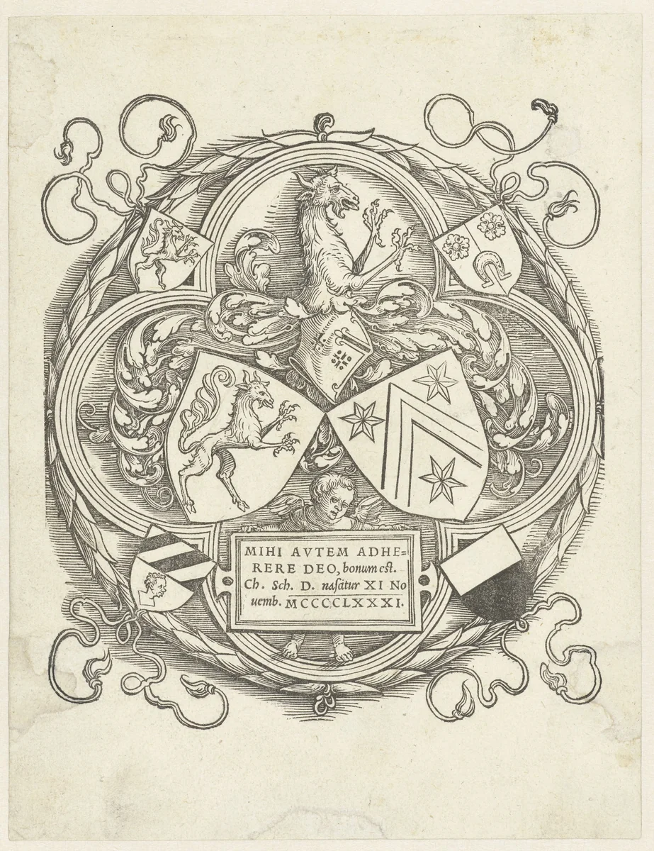 Wapens van de families Scheurl en Zinger by Unknown, print, 1481-1523