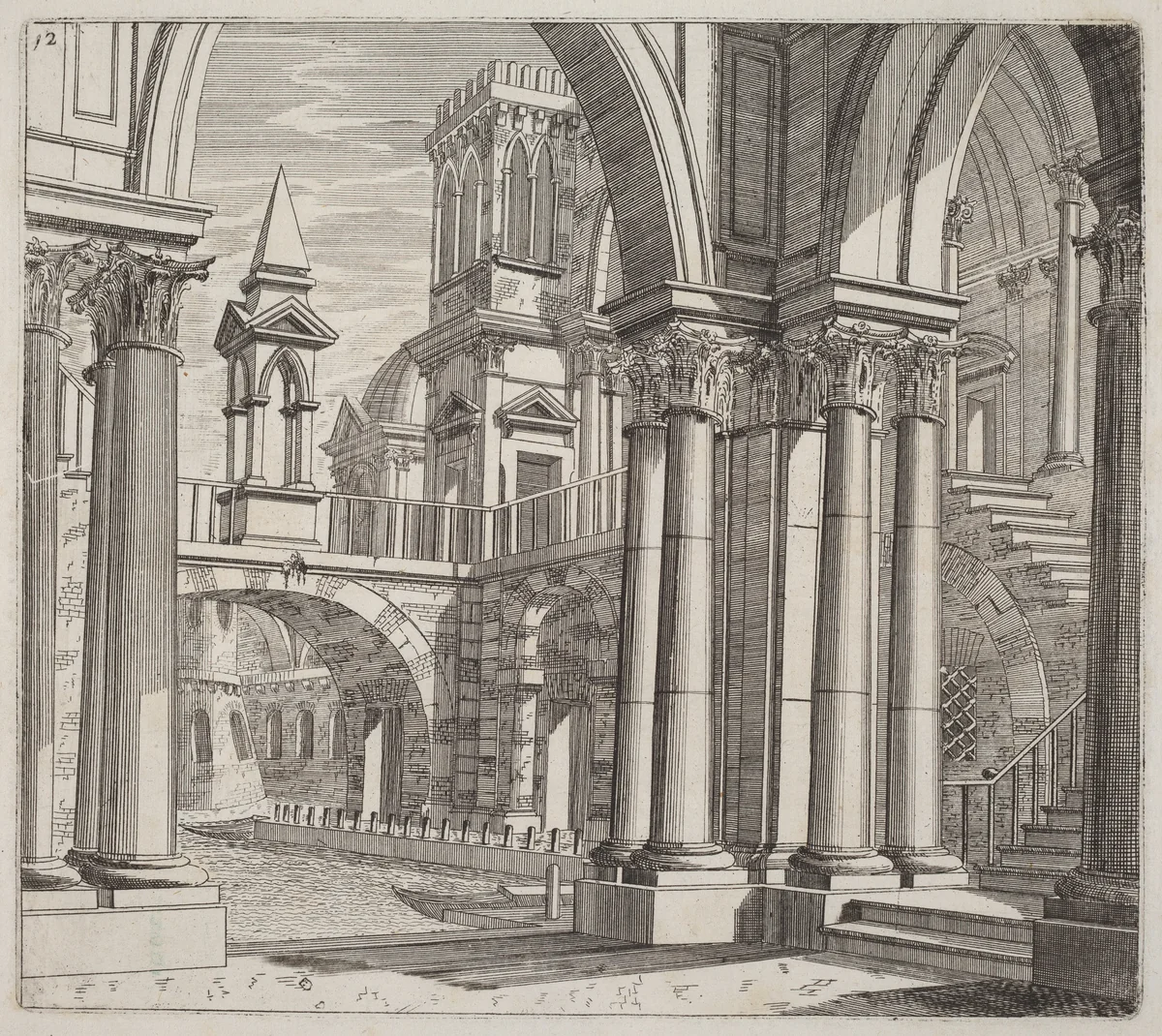 Architectural Fantasy with Buildings, Stairways, and Portals beside a Canal by Giuseppe Antonio Landi, print, 1719-1753