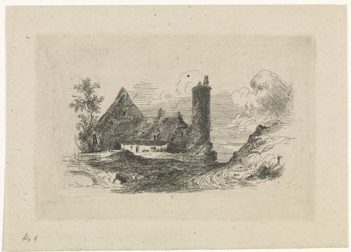 Landschap met boerderij en toren by Jan Baptiste De Jonghe, print, 1828
