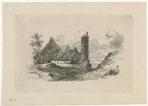 Landschap met boerderij en toren by Jan Baptiste De Jonghe, print, 1828