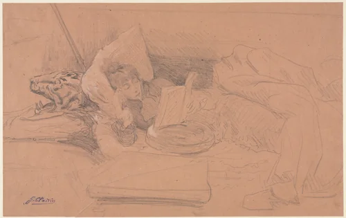 Sarah Bernhardt Reclining on a Divan, Reading by Georges-Jules-Victor Clairin, drawing, 1880-1895