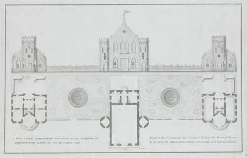 Façade et plan de l'Amirauté dans le jardin à Tsárskoye Selò... by Ivan Kuvakin, print, 1760-1850