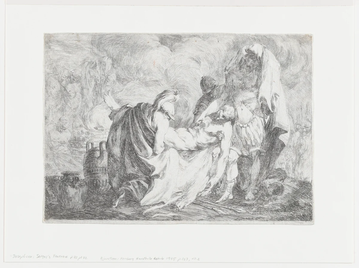 Patroclus being carried to his funeral pyre as Achilles places a lock of hair on the body by Johann Tobias Sergel, print, 1761-1771