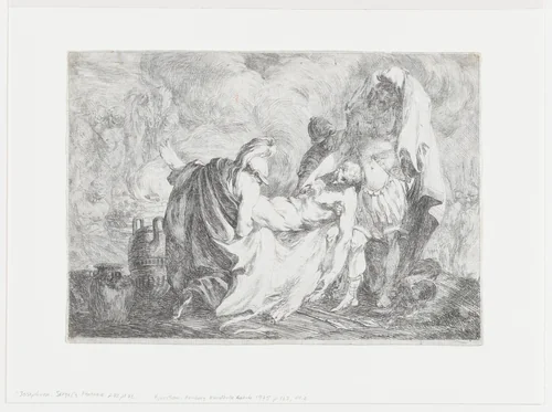 Patroclus being carried to his funeral pyre as Achilles places a lock of hair on the body by Johann Tobias Sergel, print, 1761-1771