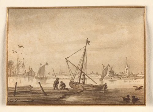Harbor Scene by Allart van Everdingen, drawing, 1638-1678