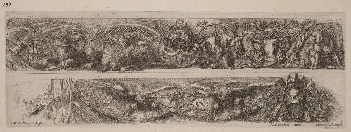 Two Ornamental Bands with Chained Leopards and Eagles by Stefano della Bella, print, 1648