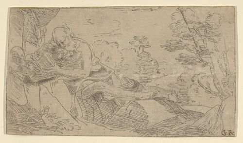 Saint Jerome seated on rocks and reading a book, a cross and a skull at left by anonymous, print, 1600-1699