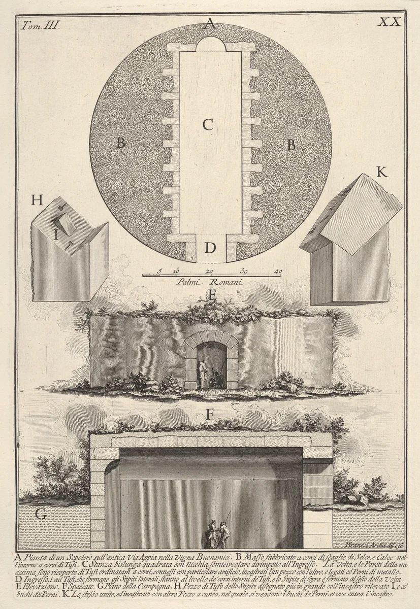 Plan of a tomb on the Appian Way in Vigna Buonamici (Pianta di un sepolcro sull'antica Via Appia nella Vigna Buonamici), from "Le Antichità Romane" by Giovanni Battista Piranesi, print, 1756