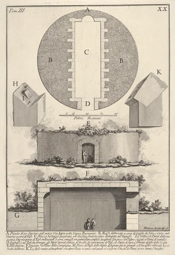 Plan of a tomb on the Appian Way in Vigna Buonamici (Pianta di un sepolcro sull'antica Via Appia nella Vigna Buonamici), from "Le Antichità Romane" by Giovanni Battista Piranesi, print, 1756