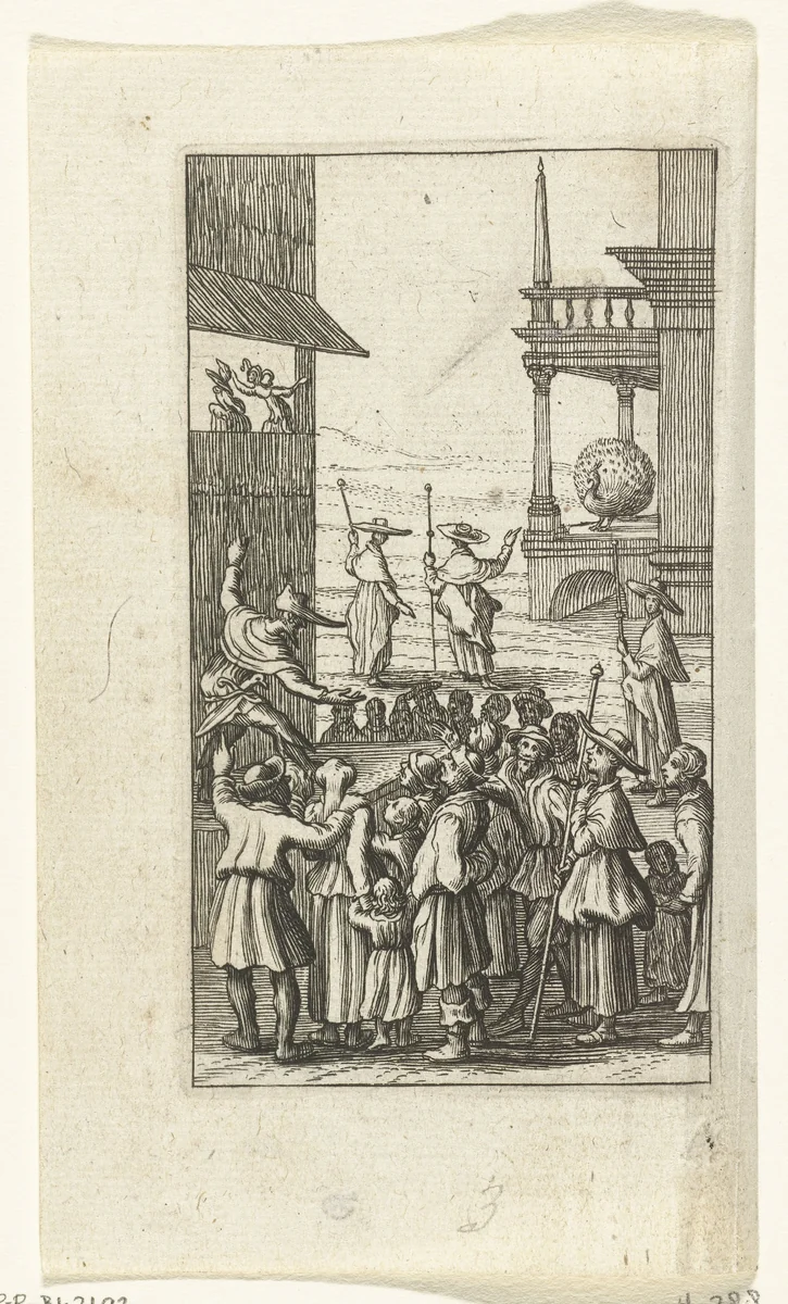 Willemynken vermaakt zich bij poppenkast tijdens pelgrimage by Boëtius Adamsz. Bolswert, print, 1590-1627