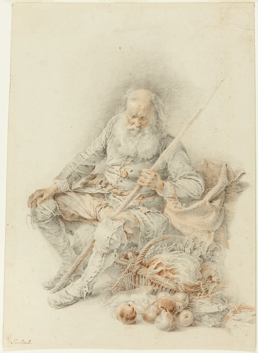 Old Man with a Basket of Fruit and Vegetables by Jacques André Portail, drawing, 1715-1759