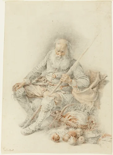 Old Man with a Basket of Fruit and Vegetables by Jacques André Portail, drawing, 1715-1759