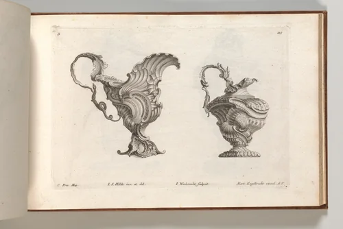 Designs for Two Ewers, Plate 3 from: 'Schöne und auf die neueste Facon inventierte Gefäße und Krüge' by I.S. Hildt, book, 1745-1755